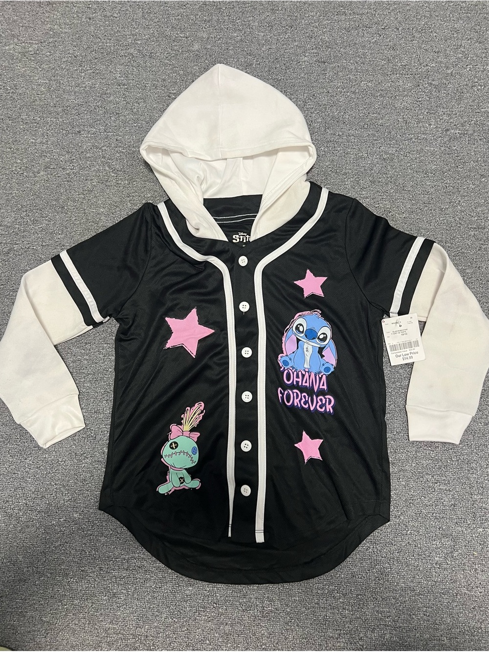 Girl’s Disney Black & White Hooded Baseball Tee with Pink Stars & Stitch Graphic